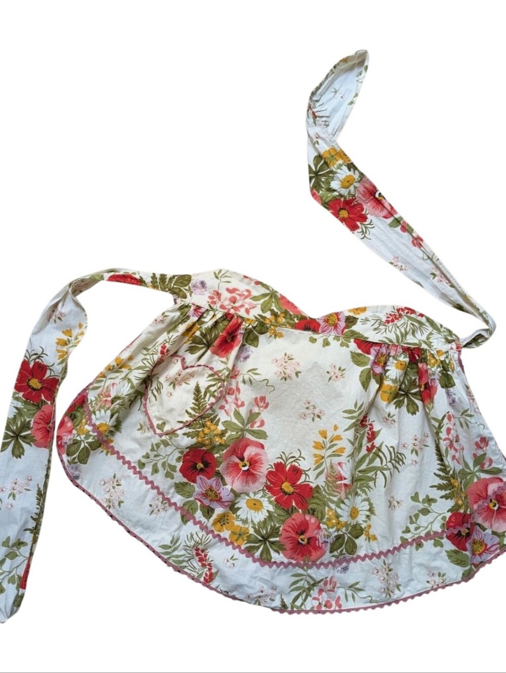 Vintage Floral Heart Pocket Half Apron Rick Rack Trim
